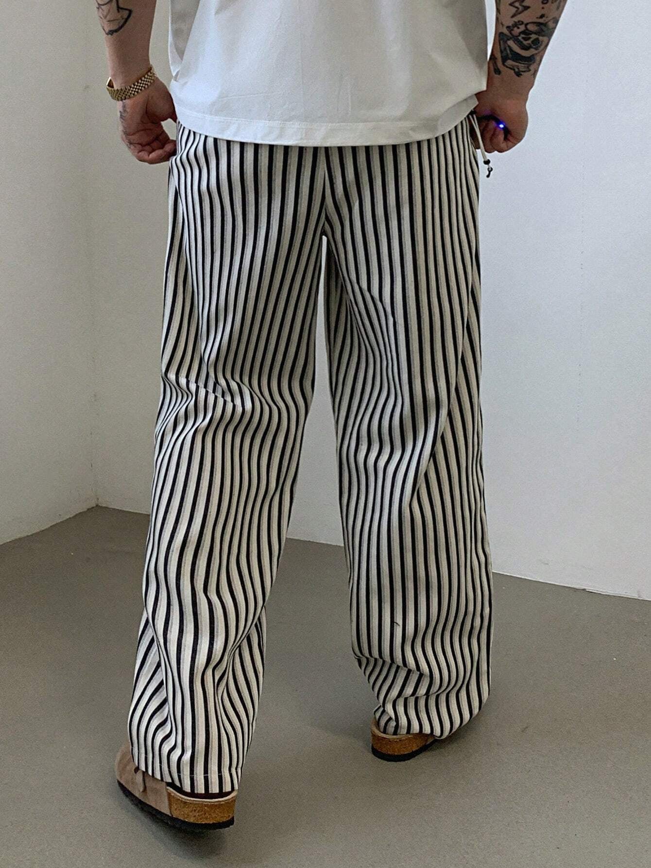 DAZY Men'S Drawstring Waist Pockets Straight Loose Fit Stripe Pants Back to School